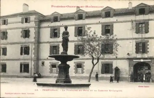 Ak Perpignan Pyrénées Orientales, La Fontaine du Puig et la Caserne St. Jacques