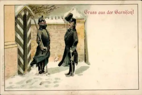 Litho Gruß aus der Garnison, Wachtposten, Soldaten