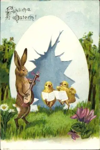 Ak Fröhliche Ostern, Osterhase spielt Mandoline, Küken singen