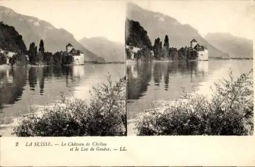 Stereo Ak Veytaux Kanton Waadt, Schloss Chillon und Genfersee