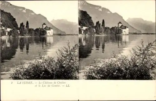 Stereo Ak Veytaux Kanton Waadt, Schloss Chillon und Genfersee