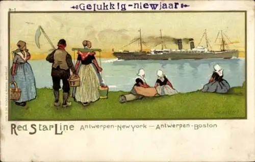 Künstler Ak Cassiens, Red Star Line, Antwerpen New York, Passagierdampfer, belgische Trachten