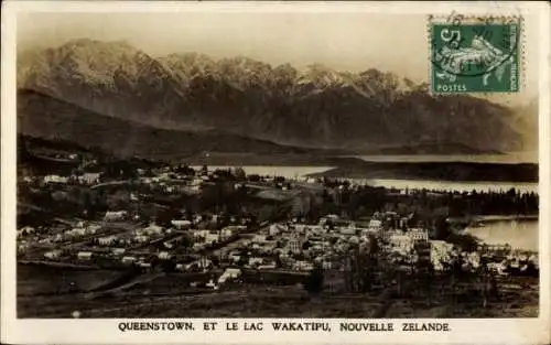 Ak Queenstown Neuseeland, Panorama vom Ort u. Wakatipu See