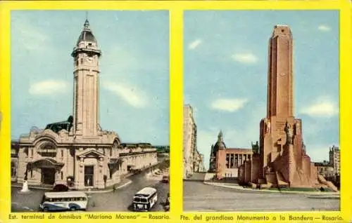 Ak Rosario Argentina, Busbahnhof Mariano Moreno, Denkmal für die argentinische Flagge