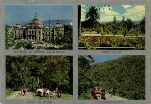 Ak San Miguel de Tucumán Argentinien, Regierungsgebäude, Parque 9 de Julio, Ochsenkarren Typica