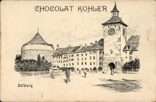 Künstler Ak Solothurn Stadt Schweiz, Zeitglockenturm, Chocolat Kohler