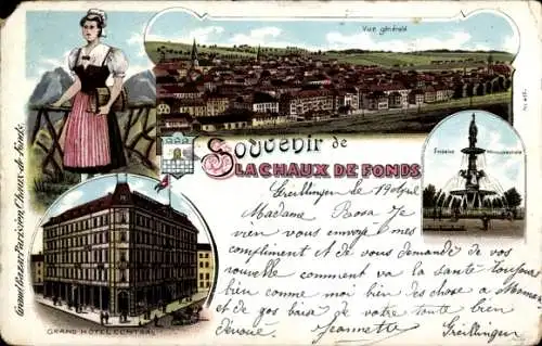 Litho La Chaux de Fonds Kanton Neuenburg, Gesamtansicht, Grand Hotel Central, Fontaine