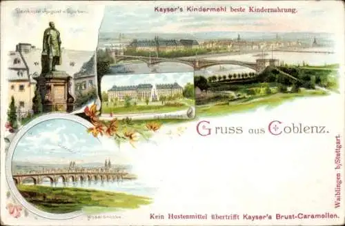 Litho Koblenz am Rhein, Panorama, Kgl. Schloss, Denkmal August v. Goeben, Kayser´s Kindermehl