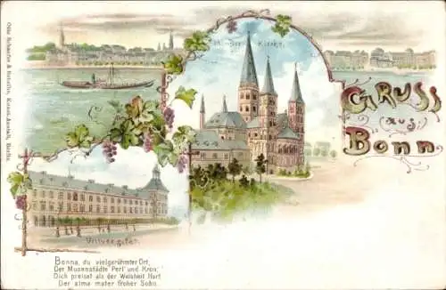 Litho Bonn in Nordrhein Westfalen, Münster, Universität, Rheinpartie mit Blick auf die Stadt