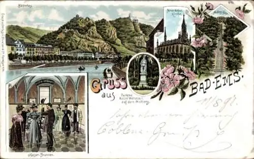 Litho Bad Ems an der Lahn, Bäderley, Neue Kathol. Kirche, Kaiser Brunnen, Denkmal Kaiser Wilhelm