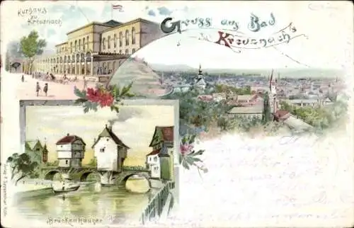 Litho Bad Kreuznach in Rheinland Pfalz, Kurhaus, Brückenhäuser