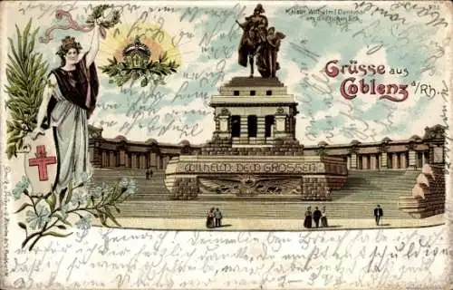 Litho Koblenz am Rhein, Kaiser Wilhelm Denkmal I. am deutschen Eck