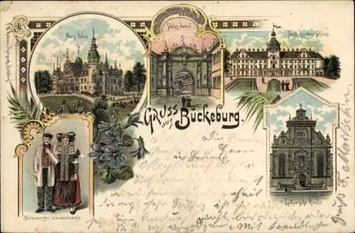 Litho Bückeburg im Kreis Schaumburg, Schlossportal, Tracht, Lutherische Kirche