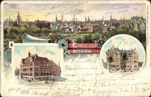 Litho Bochum im Ruhrgebiet, Bergschule, Oberrealschule, Stadtpanorama