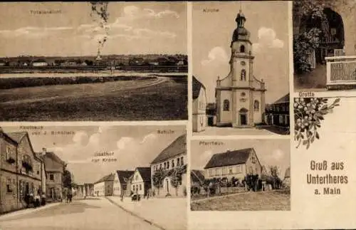 Ak Untertheres Theres am Main, Kirche, Kaufhaus J. Schäflein, Gasthof z. Krone, Schule, Pfarrhaus