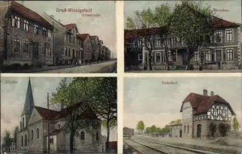 Ak Groß Winnigstedt in Niedersachsen, Ortsstraße, Domäne, Kirche, Bahnhof Gleisseite