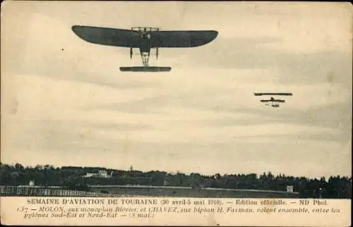 Ak Touraine Aviation Week 1910, Eindecker Molon, Bleriot, Doppeldecker Chavez, Farman