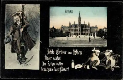 Ak Wien, Betrunkener Mann, Rathaus, Rathauskeller, Affen