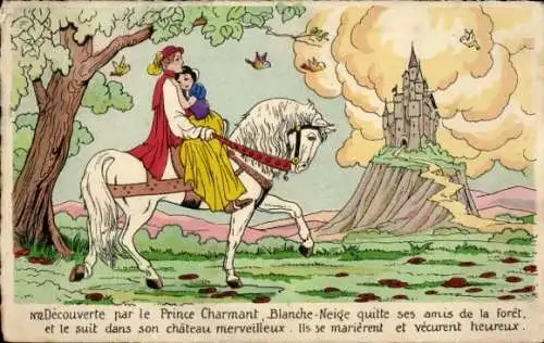 Ak Schneewittchen und Prinz zu Pferde, Schloss, Märchen, Grimm