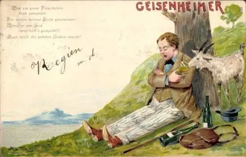 Litho Werbung, Geisenheimer, Schlafender Mann, Baum, Ziege