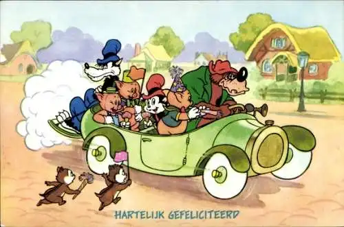 Ak Glückwunsch, Walt Disney, Auto, Schweine, Eichhörnchen