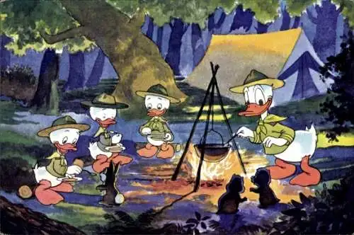 Ak Walt Disney, Donald Duck und Neffen als Pfadfinder, Zelt, Feuerstelle