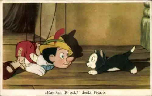 Künstler Ak Walt Disney, Pinocchio als Marionette, Figaro