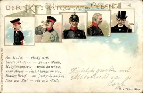 Litho Der Kinematograf des Lebens, Kadett, Lieutnant, Hauptmann, Major, Zivilist