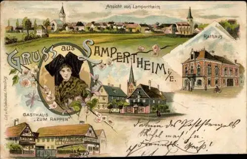 Litho Lampertheim Elsass Bas Rhin, Rathaus, Gasthaus Zum Rappen