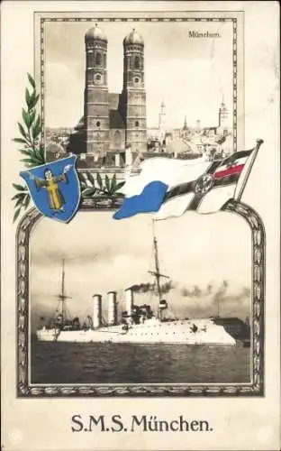 Passepartout Ak Deutsches Kriegsschiff, SMS München, Kleiner Kreuzer, Frauenkirche, Fahne