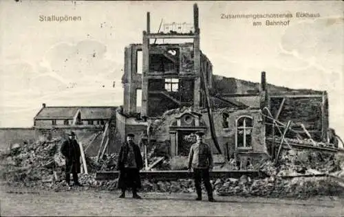 Ak Nesterow Stallupönen Ostpreußen, Eckhaus am Bahnhof, Kriegszerstörung I. WK