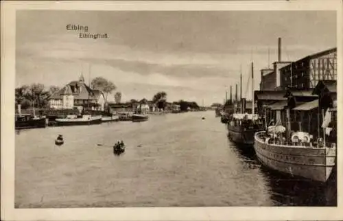 Ak Elbląg Elbing Westpreußen, Flusspartie, Gebäude