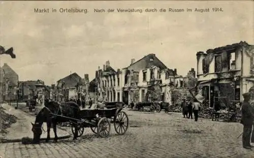 Ak Szczytno Ortelsburg Ostpreußen, Kriegszerstörungen, Fuhrwerk, I. WK