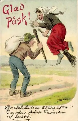 Litho Glückwunsch Ostern, Hexe fliegt auf einem Besen