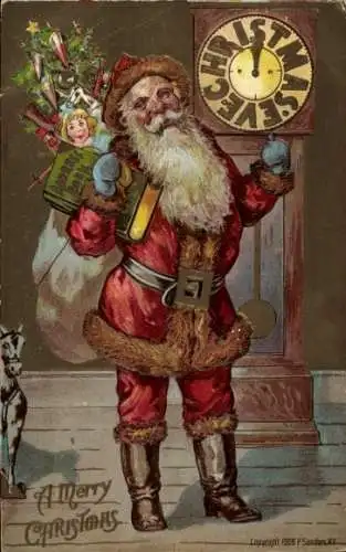 Litho Glückwunsch Weihnachten, Weihnachtsmann mit Geschenkesack