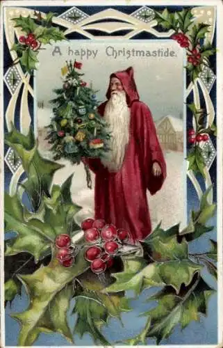 Präge Litho Glückwunsch Weihnachten, Weihnachtsmann mit Tannenbaum