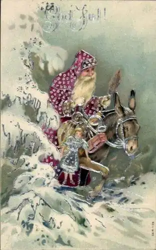 Präge Litho Glückwunsch Weihnachten, Weihnachtsmann auf einem Esel