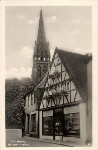 Ak Elmshorn im Kreis Pinneberg, Partie an der Kirche, Geschäft Gustav Stick, Fachwerkhaus