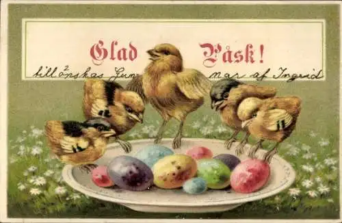 Litho Glückwunsch Ostern, Küken und bunte Ostereier