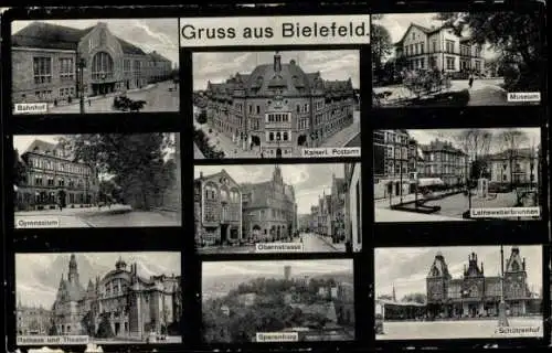 Passepartout Ak Bielefeld in Nordrhein Westfalen, Bahnhof, Gymnasium, Sparenburg, Museum, Rathaus