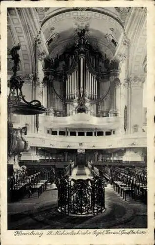 Ak Hamburg Mitte Neustadt, Michaeliskirche, Kirche St. Michaelis, Michel, Orgel, Kanzel, Taufbecken