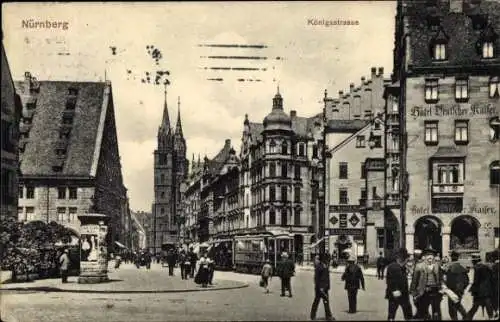 Ak Nürnberg in Mittelfranken, Königstraße, Lorenzkirche, Straßenbahn, Litfaßsäule