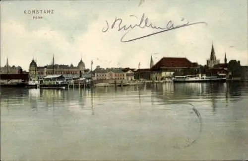 Ak Konstanz am Bodensee, Blick auf den Ort und den Hafen, Kirchturm