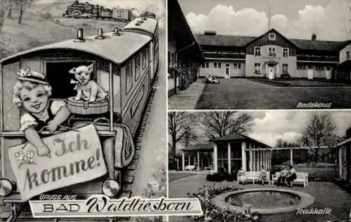 Ak Bad Waldliesborn Lippstadt in Westfalen, Zug, Kind, Hund, Ich komme, Badehaus, Trinkhalle