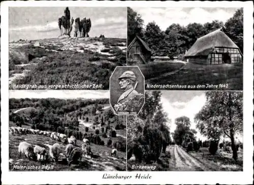 Ak Lüneburger Heide, Hermann Löns, Heidegrab, Schafherde, Birkenweg