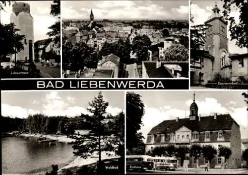 Ak Bad Liebenwerda in Brandenburg, Lubwartturm, Eisenmoorbad, Waldbad, Rathaus