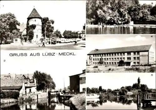 Ak Lübz in Mecklenburg, Wilhelm-Pieck-Platz, Schleuse, Bad, Oberschule III, An der Elde