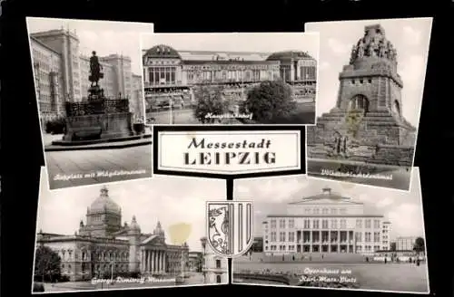 Ak Leipzig, Völkerschlachtdenkmal, Wappen, Karl-Marx-Platz, Opernhaus, Hautpbahnhof