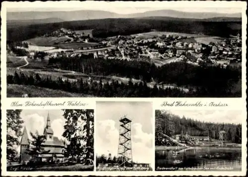 Ak Hahnenklee Bockswiese Goslar im Harz, Gesamtansicht, Aussichtsturm, Badeanstalt, Kirche