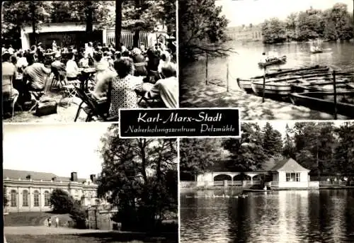 Ak Karl Marx Stadt Chemnitz in Sachsen, Naherholungszentrum Pelzmühle, Terrasse, Gewässer, Boote